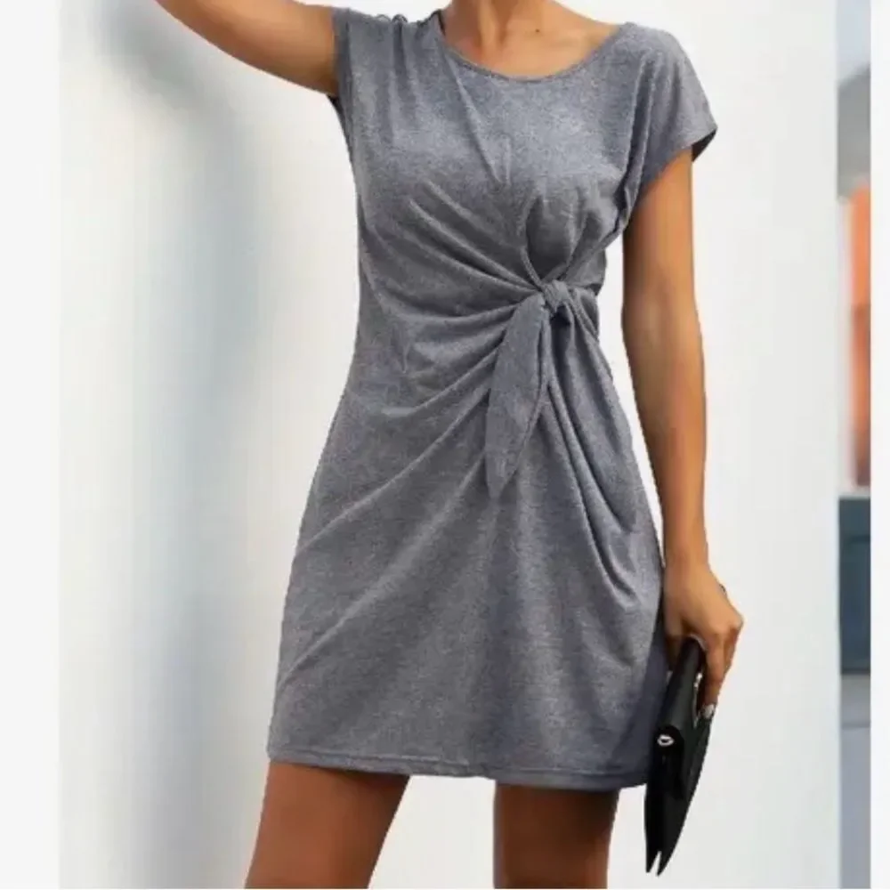 Gray Knot-Front Short Sleeve Dress - Women